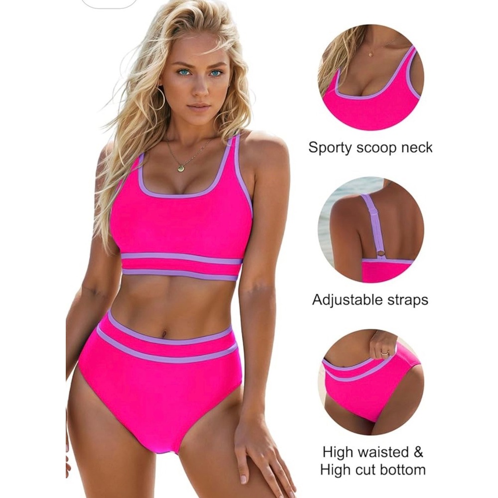 BMJL Womens Neon Pink High Waisted Bikini Set Lavender Trim Size M NWT